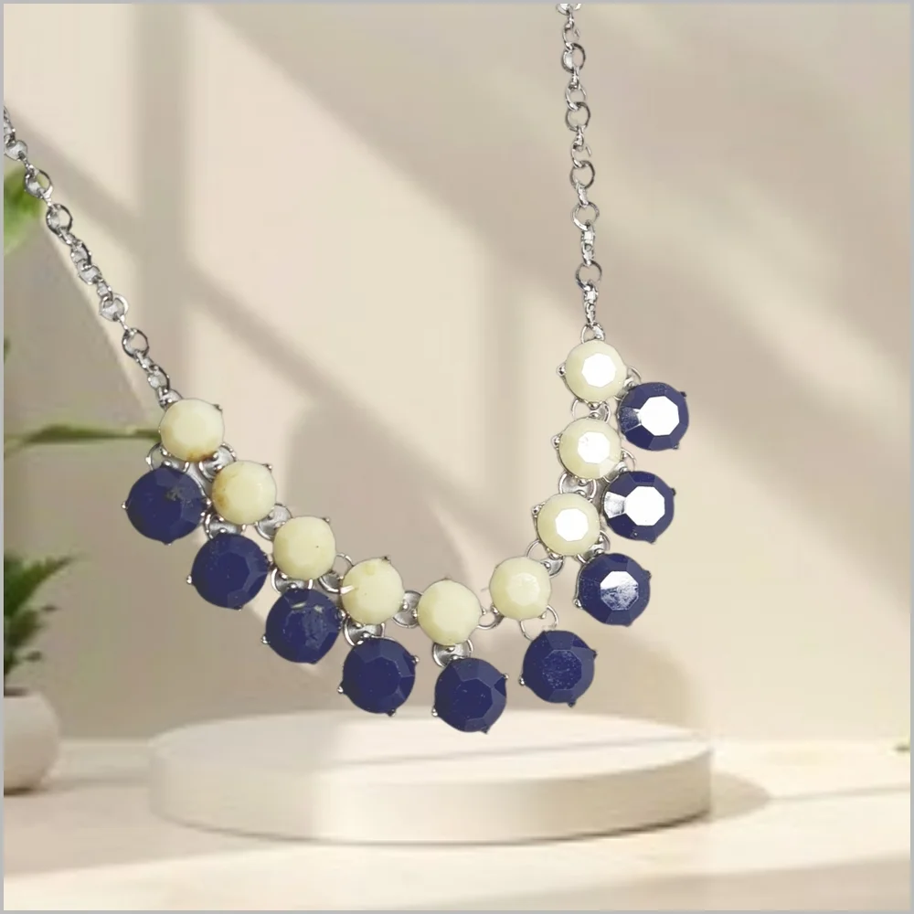 Elegant Blue and Cream Beads on Silver Tone Necklace